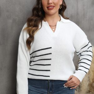 This Ladies Pullover Knit Top Plus Size Women's Fall Winter Contrasting Color Patchwork Striped Turndowm Collar Sweater Made Of Comfortable And Elastic Fabric. It Is Wholesale Sexy Plus Size Tops For Women. With The Gradual Rise Of Feminist Awareness