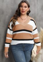 This Ladies Pullover Sweater Plus Size Women's Fall Winter v-Neck Contrast Color Patchwork Fashion Sweater Made Of Comfortable And Elastic Fabric. It Is Wholesale Sexy Plus Size Tops For Women. With The Gradual Rise Of Feminist Awareness