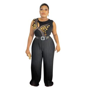 This Ladies Round Neck Sleeveless Beaded Casual Loose Pleated Jumpsuit With Belt Design Made Of High Quality Polyster And Spandex Material. It Is Stretchy