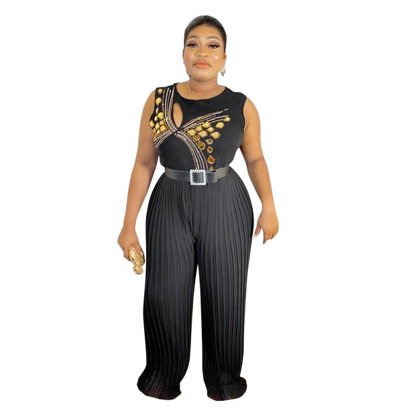 This Ladies Round Neck Sleeveless Beaded Casual Loose Pleated Jumpsuit With Belt Design Made Of High Quality Polyster And Spandex Material. It Is Stretchy