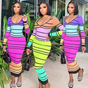 This Ladies Sexy Fashion Stripe Long Sleeve v-Neck Low Back Long Dress Design Made Of High Quality Polyster And Spandex Material