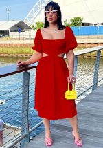 This Ladies Solid Color u-Neck Balloon Short Sleeve Open Waist Low Back Dress Design Made Of High Quality Polyster And Spandex Material. It Come With Good Stretch And Wearing Comfortable. Women¡¯s Midi Dresses Is Omnipotent And Suit For All Kinds Of Occasions - Daily Wear