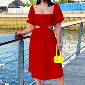 This Ladies Solid Color u-Neck Balloon Short Sleeve Open Waist Low Back Dress Design Made Of High Quality Polyster And Spandex Material. It Come With Good Stretch And Wearing Comfortable. Women¡¯s Midi Dresses Is Omnipotent And Suit For All Kinds Of Occasions - Daily Wear