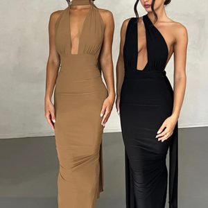 This Ladies Summer Fashion Sexy Deep v Low Back Pleated Slit Dress Design Made Of High Quality Polyster And Spandex Material. It Come With Good Stretch And Wearing Comfortable. Women¡¯s Midi Dresses Is Omnipotent And Suit For All Kinds Of Occasions - Daily Wear