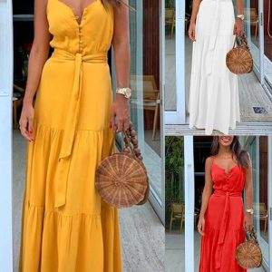 This Ladies Summer v Neck Strap Maxi Dress Design Made Of High Quality Polyster And Spandex Material