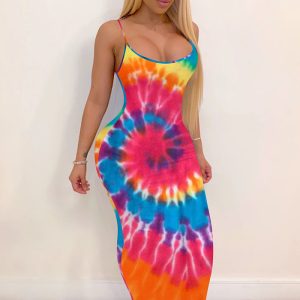 Diese Damen Tie Dye Digital Print ärmelloses Trägerkleid Maxikleid Club Kleid Design aus hochwertigem Polyster und Elasthan Material