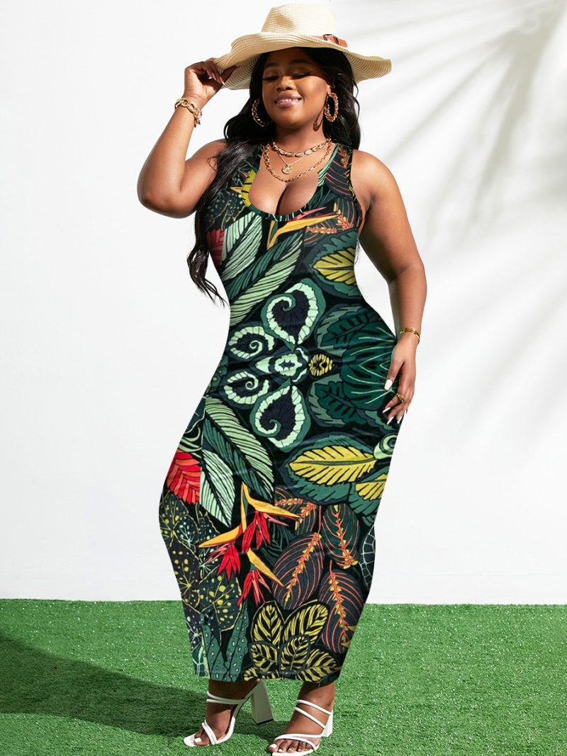 This Leaf Print Sleeveless Sexy Plus Size Dress Made Of Soft And Elastic Fabric. Global Lover Wholesale Plus Size Dresses And Hope Curvy Ladies Find Here a Warm And Exciting Place To Shop Affordable Curvy Dresses Online - Plus Size Casual