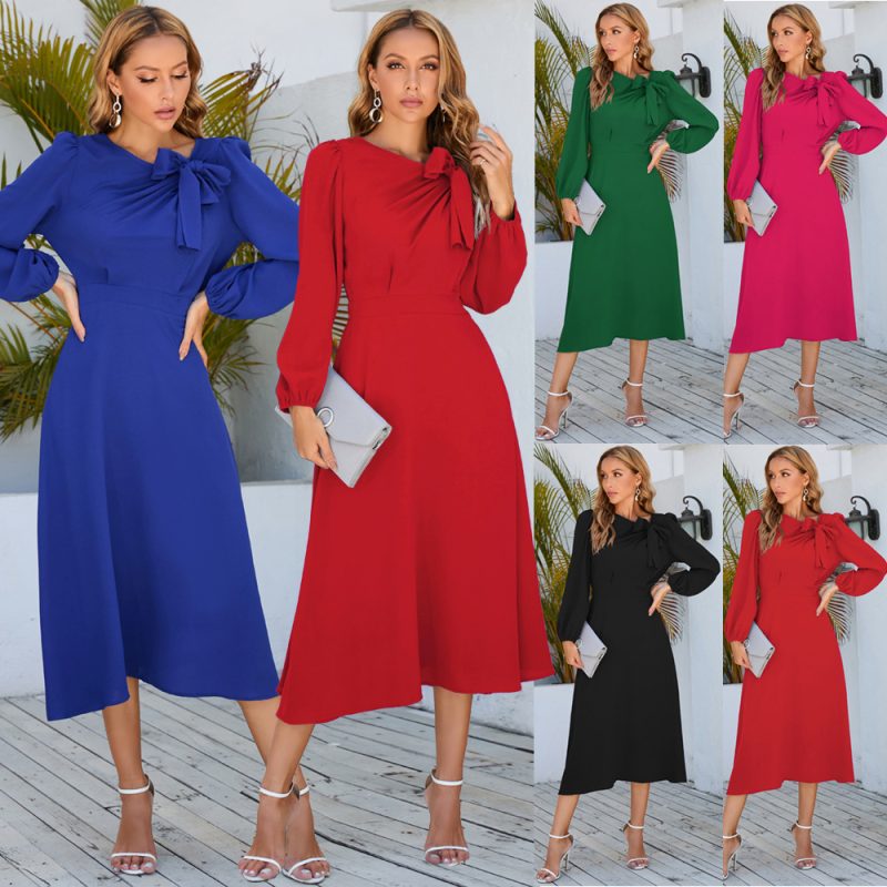 This Long Sleeve Dress Fall Winter Round Neck Bow a-Line Maxi Dress Design Made Of High Quality Polyster And Spandex Material. It Come With Good Stretch And Wearing Comfortable. Women¡¯s Midi Dresses Is Omnipotent And Suit For All Kinds Of Occasions - Daily Wear