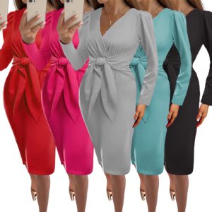 This Long Sleeve Pullover Dress v Neck Zip Solid Belt Slim Waist Midi Dress Design Made Of High Quality Polyster And Spandex Material. It Come With Good Stretch And Wearing Comfortable. Women¡¯s Midi Dresses Is Omnipotent And Suit For All Kinds Of Occasions - Daily Wear