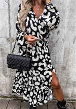 This Long Sleeve v-Neck Printed Slit Dress Design Made Of High Quality Polyster And Spandex Material