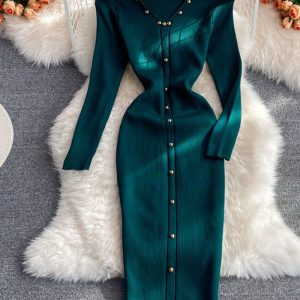 This Long-Sleeved Halter Neck v-Neck Stretch Knitting Dress Autumn And Winter Chic Tight Fitting Bodycon Basic Long Dress Combine The Warm And Fashion. It Is a Must-Have Item For This Winter. Sweater Dresses For Women At Global Lover Comes For Different Occasions - Daily Life