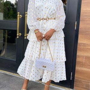 This Long Chiffon White Printed Loose-Waist Chic Career Dress With Ruffles Design Made Of High Quality Polyster And Spandex Material