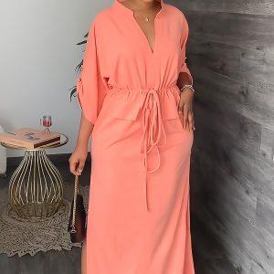 This Loose Slim Waist Casual Side Slit Summer Long Dress Design Made Of High Quality Polyster And Spandex Material