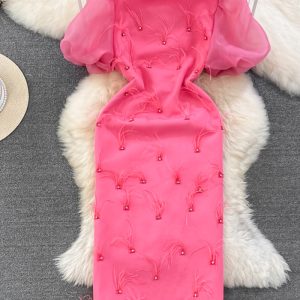 This Luxury Chic Puff Sleeve Round Neck Slim Waist Slim Fit Tassel Bodycon Dress Design Made Of High Quality Polyster And Spandex Material. It Come With Good Stretch And Wearing Comfortable. Women¡¯s Midi Dresses Is Omnipotent And Suit For All Kinds Of Occasions - Daily Wear