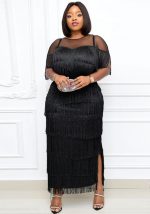 This Mesh Patchwork Fringe High Waist Plus Size Slim Casual Bodycon Women's Dress Design Made Of High Quality Polyster And Spandex Material. It Is Stretchy