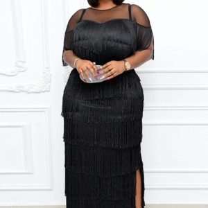 This Mesh Patchwork Fringe High Waist Plus Size Slim Casual Bodycon Women's Dress Design Made Of High Quality Polyster And Spandex Material. It Is Stretchy