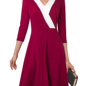 This Mid Waist v Neck Color Block Zip Chic Career Fashionable Women Comfort Casual Dress Design Made Of High Quality Polyster And Spandex Material. It Come With Good Stretch And Wearing Comfortable. Women¡¯s Midi Dresses Is Omnipotent And Suit For All Kinds Of Occasions - Daily Wear