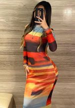 This Multi-Color Printed Mesh Long-Sleeved Slim-Fitting Beach Dress Design Made Of High Quality Polyster And Spandex Material