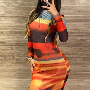 This Multi-Color Printed Mesh Long-Sleeved Slim-Fitting Beach Dress Design Made Of High Quality Polyster And Spandex Material