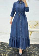 This Muslim Ladies Solid Color Elegant Denim Dress Design Made Of High Quality Polyster And Spandex Material