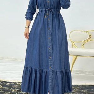 This Muslim Ladies Solid Color Elegant Denim Dress Design Made Of High Quality Polyster And Spandex Material