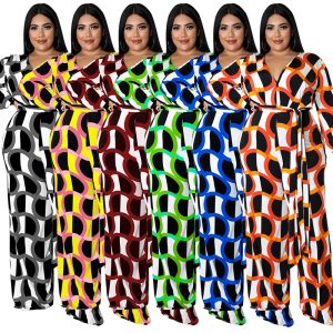 This New Fashion Plus Size Women's Fall Long Sleeve Print Casual Wide Leg Jumpsuit Design Made Of High Quality Polyster And Spandex Material. It Is Stretchy