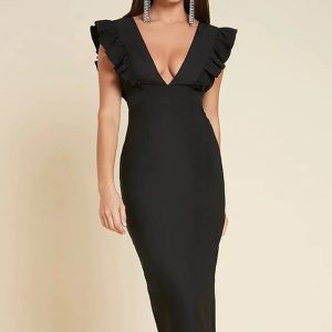 This New Women's Sexy Deep v Neck Ruffle Sleeveless High Waist Slim Gown Dress Design Made Of Good Quality Polyster And Spandex Material