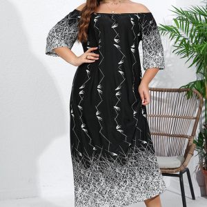 This Off Shoulder Casual Holidays Loose Dress Vintage Print Ice Silk Maxi Dress Loungewear Made Of Soft And Elastic Fabric. Global Lover Wholesale Plus Size Dresses And Hope Curvy Ladies Find Here a Warm And Exciting Place To Shop Affordable Curvy Dresses Online - Plus Size Casual