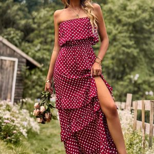 This Off Shoulder Polka Dot Spring Summer Split Sexy Dress Design Made Of High Quality Polyster And Spandex Material. It Is Stretchy