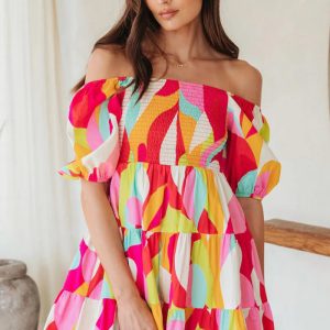 This Off Shoulder Pullover Geometric Pattern Ladies Sweet Loose Short Sleeve Dress Design Made Of High Quality Polyster And Spandex Material. It Is Stretchy