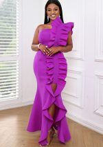 This Off Shoulder Sleeveless Shaped Ruffle Edge Dress Design Made Of Good Quality Polyster And Spandex Material