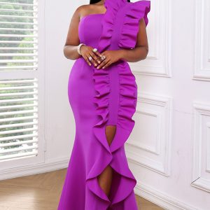 This Off Shoulder Sleeveless Shaped Ruffle Edge Dress Design Made Of Good Quality Polyster And Spandex Material