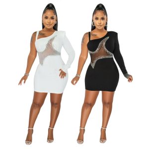 This One Shoulder Long Sleeve See-Through Mesh Patchwork Beaded Bodycon Jumpsuit Design Made Of High Quality Polyster And Spandex Material