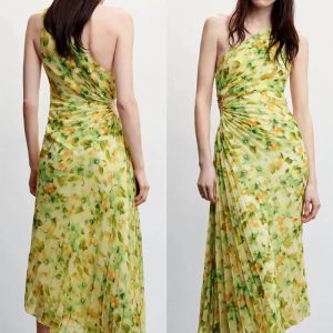 This One-Shoulder Floral Print Pleated Dress Design Made Of High Quality Polyster And Spandex Material