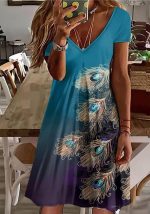 This Peacock Feathers Print v-Neck Short Sleeve Casual Dress Design Made Of High Quality Polyster And Spandex Material. It Is Stretchy