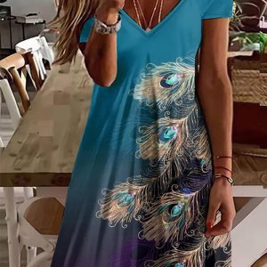 This Peacock Feathers Print v-Neck Short Sleeve Casual Dress Design Made Of High Quality Polyster And Spandex Material. It Is Stretchy