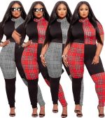 This Plaid Positioning Print Plus Size Women's Clothing Summer Short Sleeve Slim Jumpsuit Design Made Of High Quality Polyster And Spandex Material. It Is Stretchy