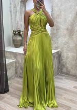 This Pleated Halter Neck Party Dress Casual Loose Slit Women's Dress Design Made Of High Quality Polyster And Spandex Material