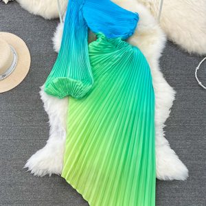 This Pleated Lantern Long Sleeve Slash Shoulder Slim Waist Gradient Irregular a-Line Dress Design Made Of High Quality Polyster And Spandex Material. It Is Stretchy