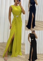 This Pleated Slit Sleeveless Fashion Evening Dress For Women Design Made Of High Quality Polyster And Spandex Material