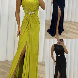 This Pleated Slit Sleeveless Fashion Evening Dress For Women Design Made Of High Quality Polyster And Spandex Material