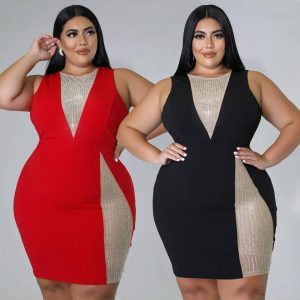 This Plus Plus Size Women's Mesh Beaded Patchwork Deep v Sleeveless Stretch Bodycon Made Of Soft And Elastic Fabric. Global Lover Wholesale Plus Size Dresses And Hope Curvy Ladies Find Here a Warm And Exciting Place To Shop Affordable Curvy Dresses Online - Plus Size Casual