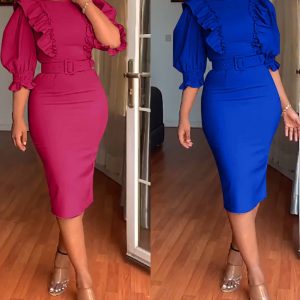 This Plus Size African Women Ruffles Short Sleeve Bodycon Dress Design Made Of High End Polyster And Spandex Material