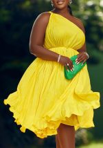 This Plus Size African Women Summer Pleated Slash Shoulder Lace-Up Solid Dress Design Made Of High Quality Polyster And Spandex Material. It Is Stretchy