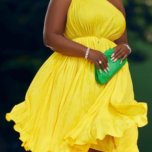 This Plus Size African Women Summer Pleated Slash Shoulder Lace-Up Solid Dress Design Made Of High Quality Polyster And Spandex Material. It Is Stretchy