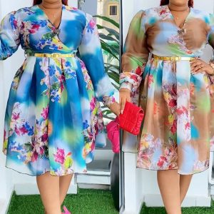 This Plus Size African Women v Neck Printed Dress With Belt Made Of Soft And Elastic Fabric. Global Lover Wholesale Plus Size Dresses And Hope Curvy Ladies Find Here a Warm And Exciting Place To Shop Affordable Curvy Dresses Online - Plus Size Casual