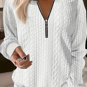 This Plus Size Autumn Solid Color Long Sleeve Zipper v-Neck Loose Top Women's Clothing Made Of Comfortable And Elastic Fabric. It Is Wholesale Sexy Plus Size Tops For Women. With The Gradual Rise Of Feminist Awareness