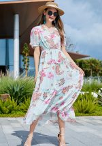 This Plus Size Beach Holidays Floral Ruffle Dress Design Made Of High Quality Polyster And Spandex Material. It Is Stretchy