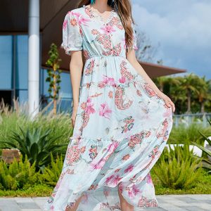 This Plus Size Beach Holidays Floral Ruffle Dress Design Made Of High Quality Polyster And Spandex Material. It Is Stretchy