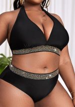 This Plus Size Color Block Lace-Up Bikini High Waist Triangle Swimsuit Is Made Of Good Quality Lycra And Spandex Fabric